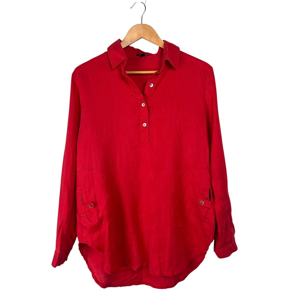 Como No? Red 100% Linen Long Sleeve Roll Tab Tunic Top S Lagenlook Pockets Boho